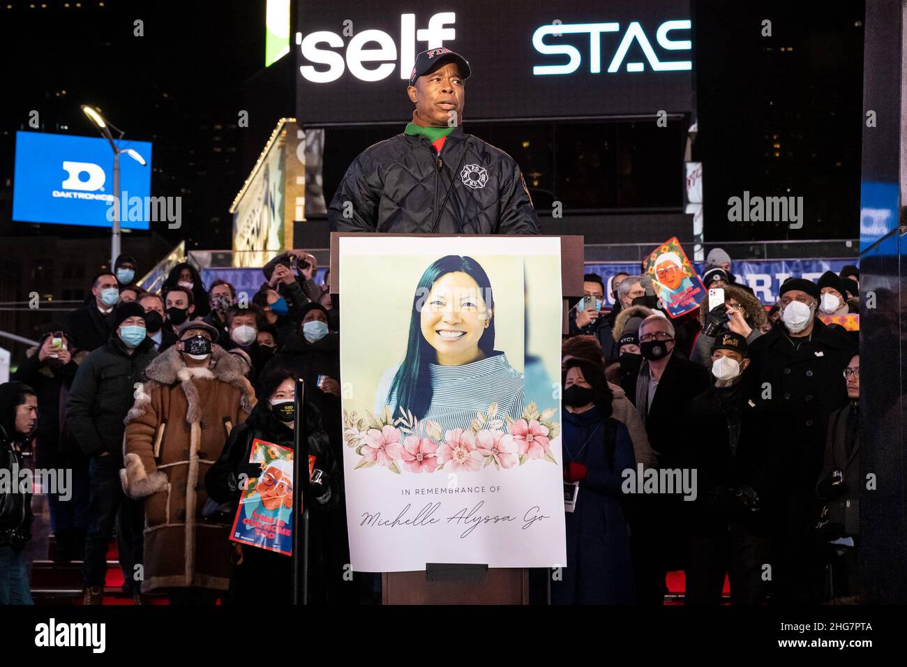 NYC Mayor Eric Adams speaks at a candlelight vigil for Michelle Alyssa