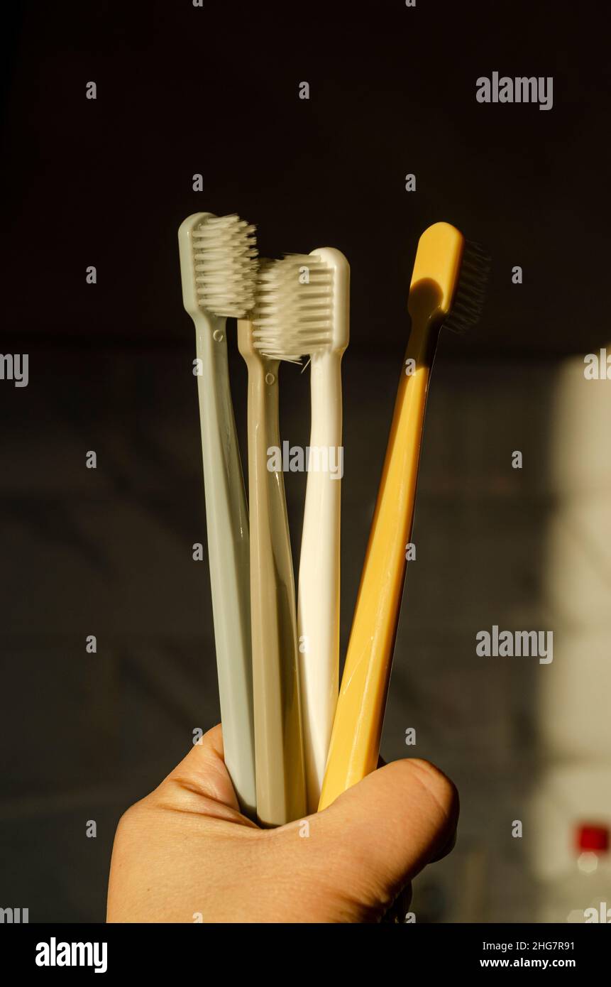 scandinavian style toothbrushes in hand Stock Photo