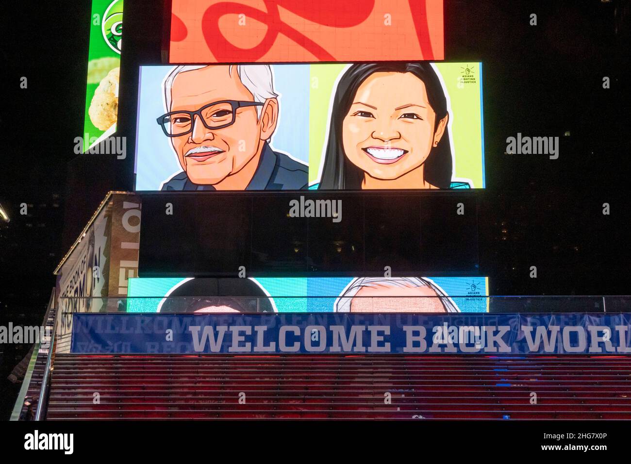 An animated picture of Michelle Alyssa Go is displayed in Times Square