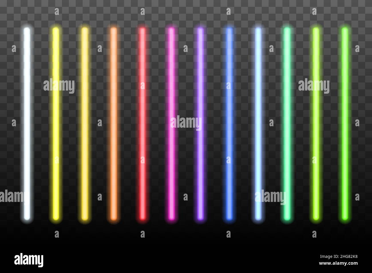 Neon light sticks set on transparent background. Blue, white, yellow, orange, green, pink, red led lines glowing vector illustration. Electric color p Stock Vector