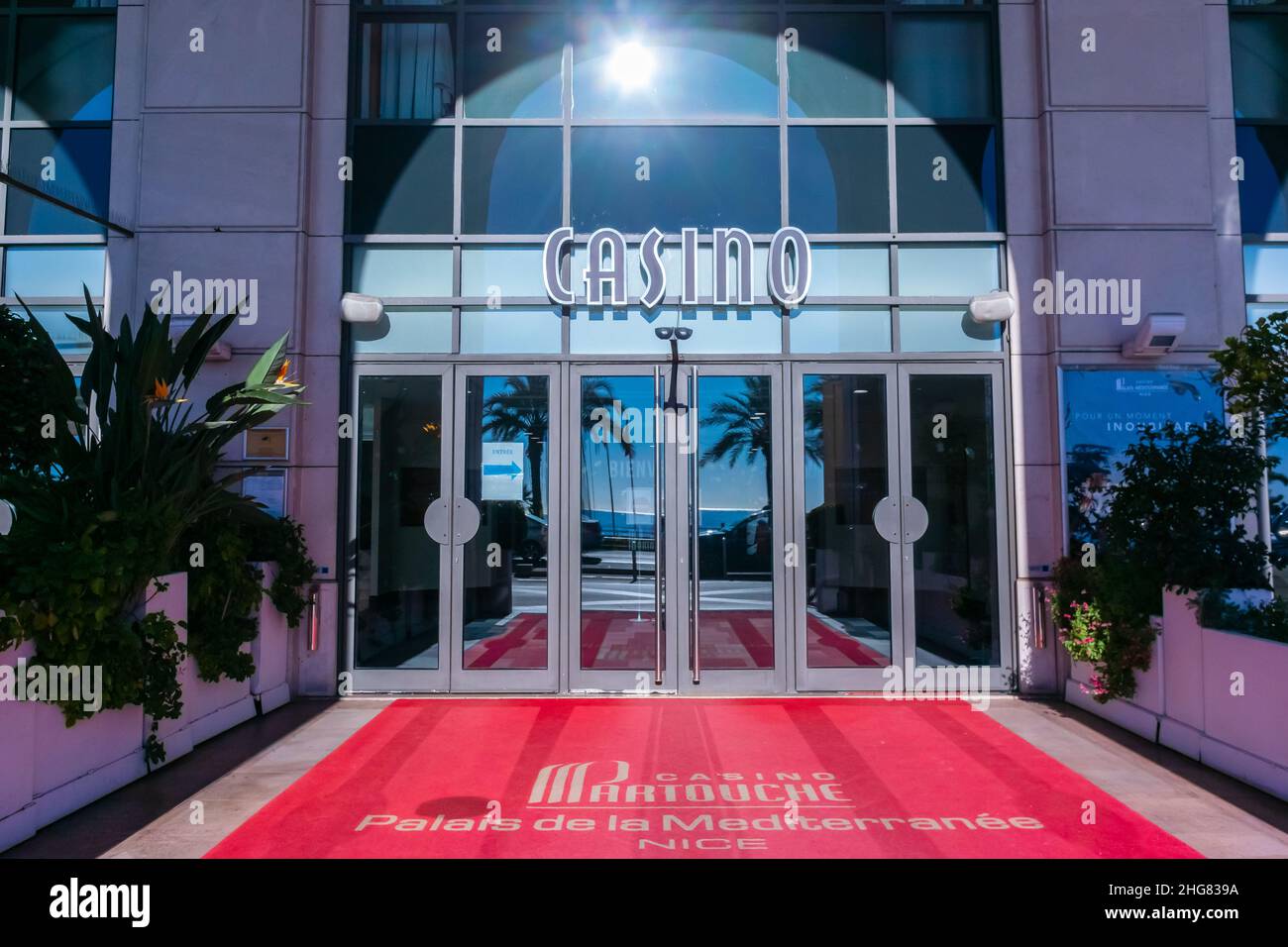 Nice, France, 'Palais de la Mediteranée' Casino Partouche Building Entrance, Front Door, sign Stock Photo