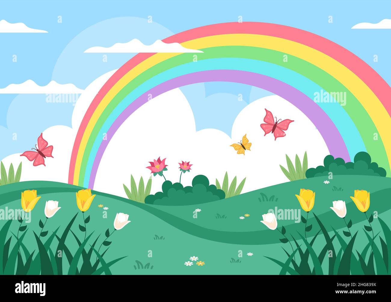 Spring Time Rainbow Spring Time Landscape Background with Flowers Season, Rainbow and Plant ...