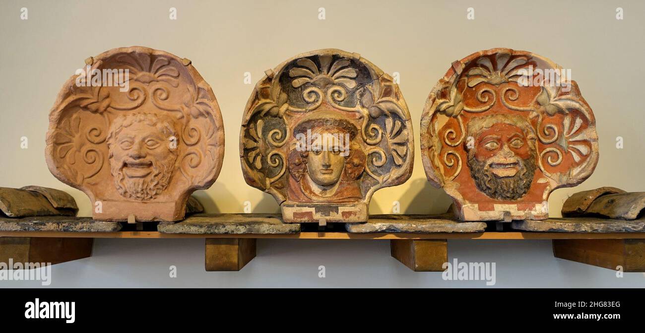 Silenus and maenad antefixes, Cerveteri, mid 4th century BC, Stock Photo