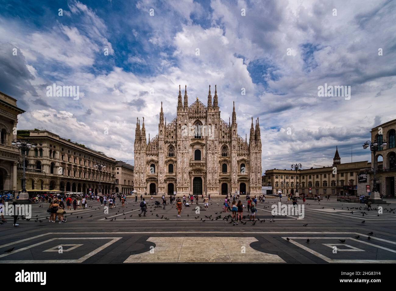 View of the facade of the Milan cathedral, Duomo di Milano, seen from Cathedral Square, Piazza del Duomo. Stock Photo