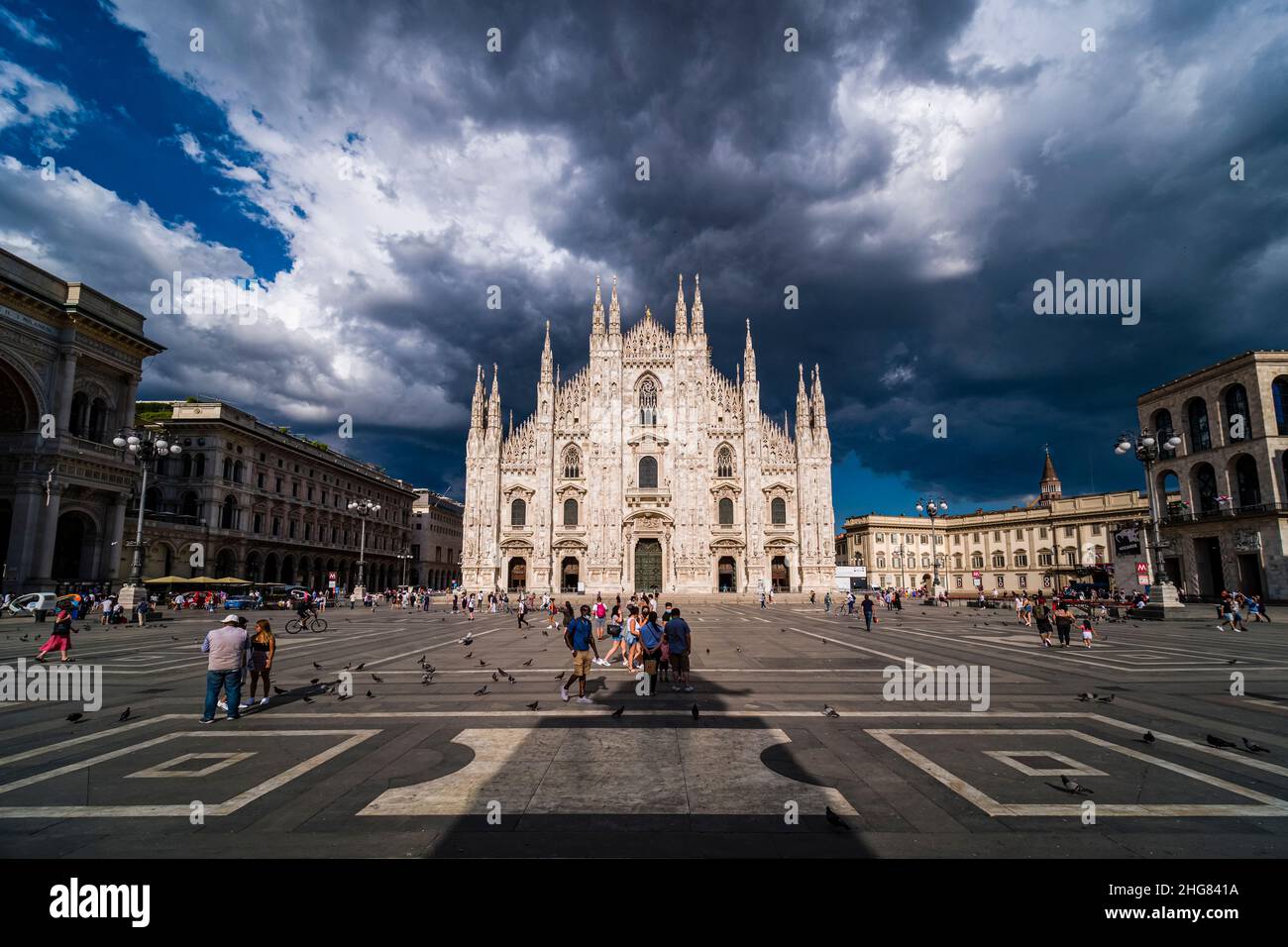 View of the facade of the Milan cathedral, Duomo di Milano, seen from Cathedral Square, Piazza del Duomo. Stock Photo