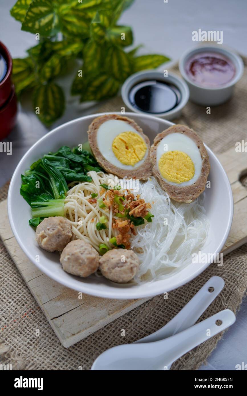 Bakso Telur Is Indonesian Street Food Contain Meatballs With Boiled Eggs And Served With Noodles Stock Photo Alamy