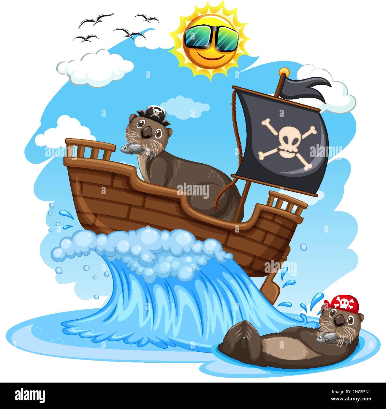 Otters on pirate ship with ocean wave illustration Stock Vector