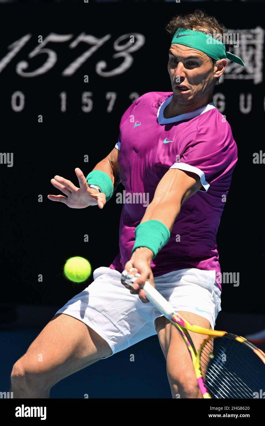 January 19, 2022: 6th seed RAFAEL NADAL (ESP) in action against YANNICK  HANFMANN (GER) on Rod Laver Arena in a Men's Singles 2nd round match on day  3 of the 2022 Australian