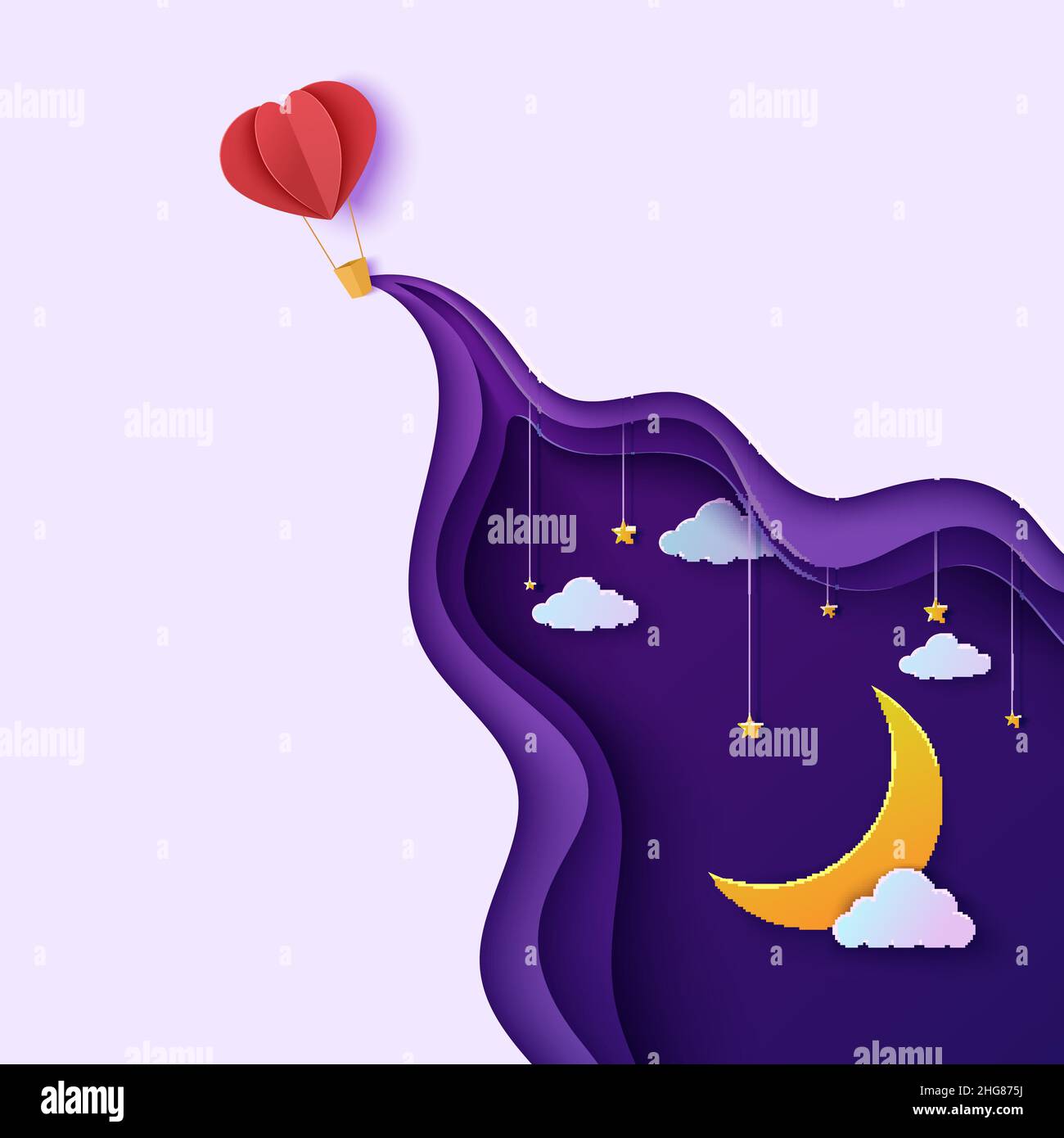 Night sky and heart form hot air balloon in paper cut style. Cut out 3d ...
