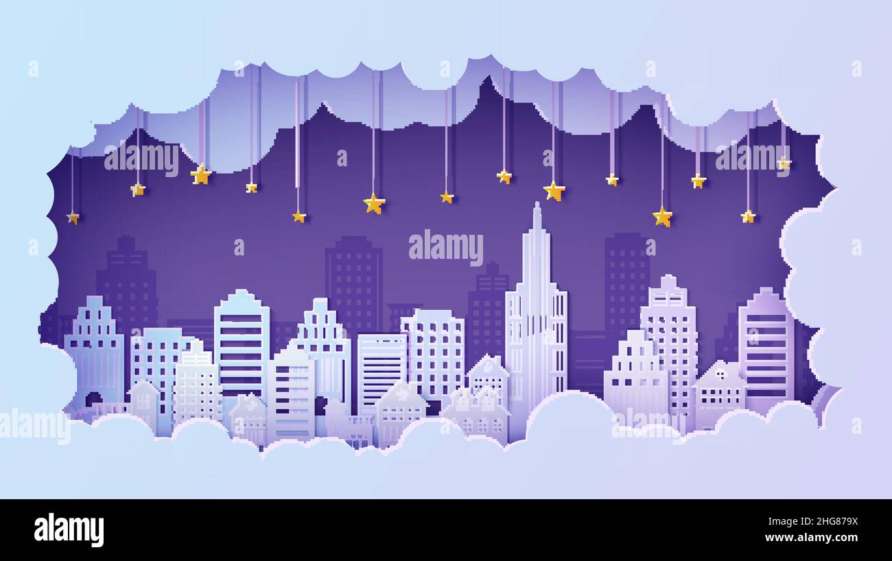 Night City landscape in papercut style. Violet and blue gradient cloud paper cut office, residential buildings and evening cloudy sky with stars on Stock Vector