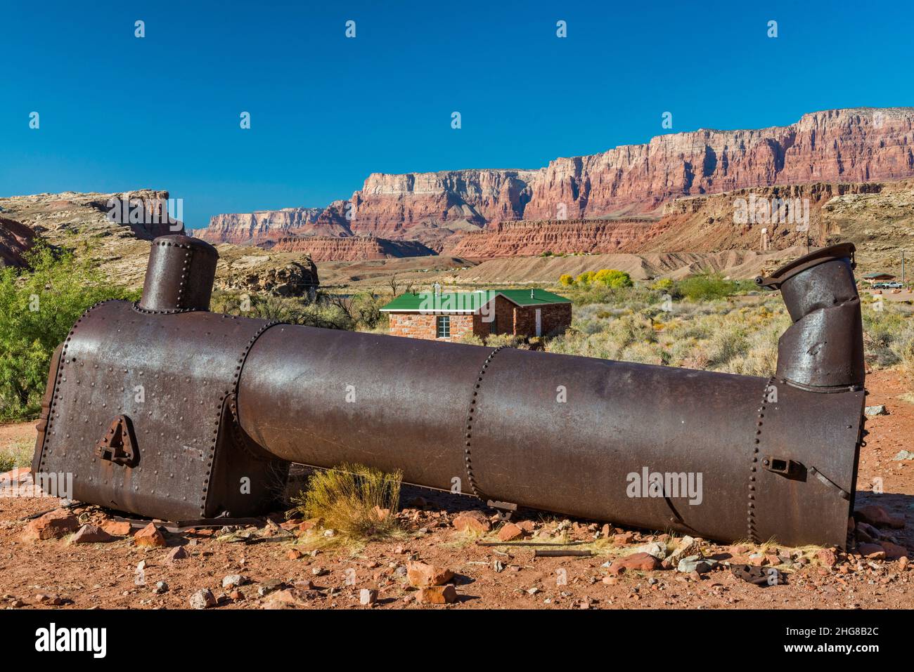 Spencer Boiler, 1910, steam engine to pump water, Vermilion Cliffs, Paria Plateau in dist, Lees Ferry, Glen Canyon National Recreation Area, Arizona Stock Photo