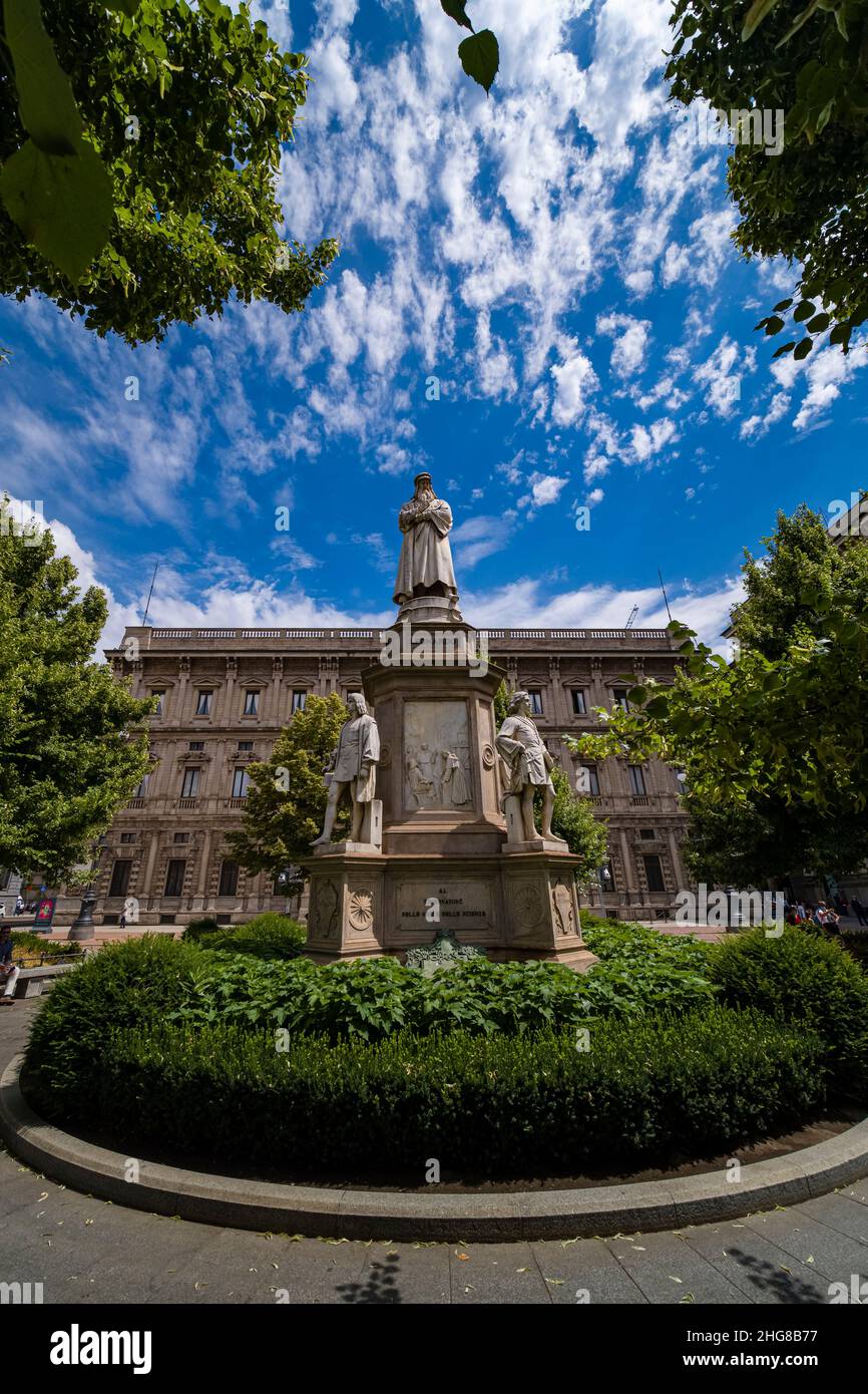 Sculptor Pietro Magni created the statue of Leonardo da vinci in front of the Milan Opera House scala in 1872. Stock Photo