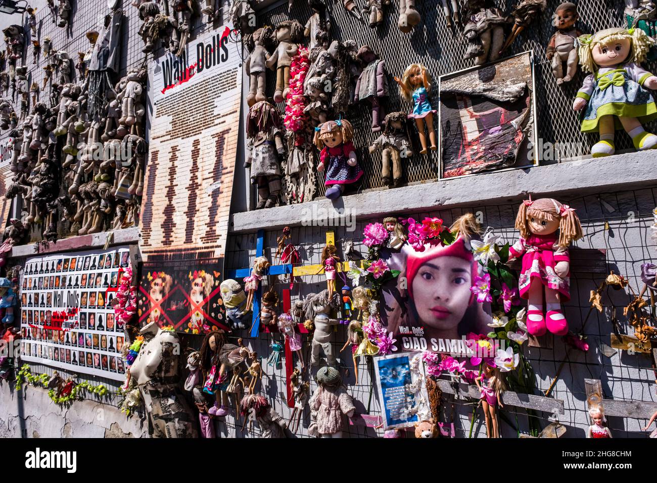 The Wall of the Dolls, il Muro delle Bambole, an art installation, that raises awareness of violence against women. Stock Photo