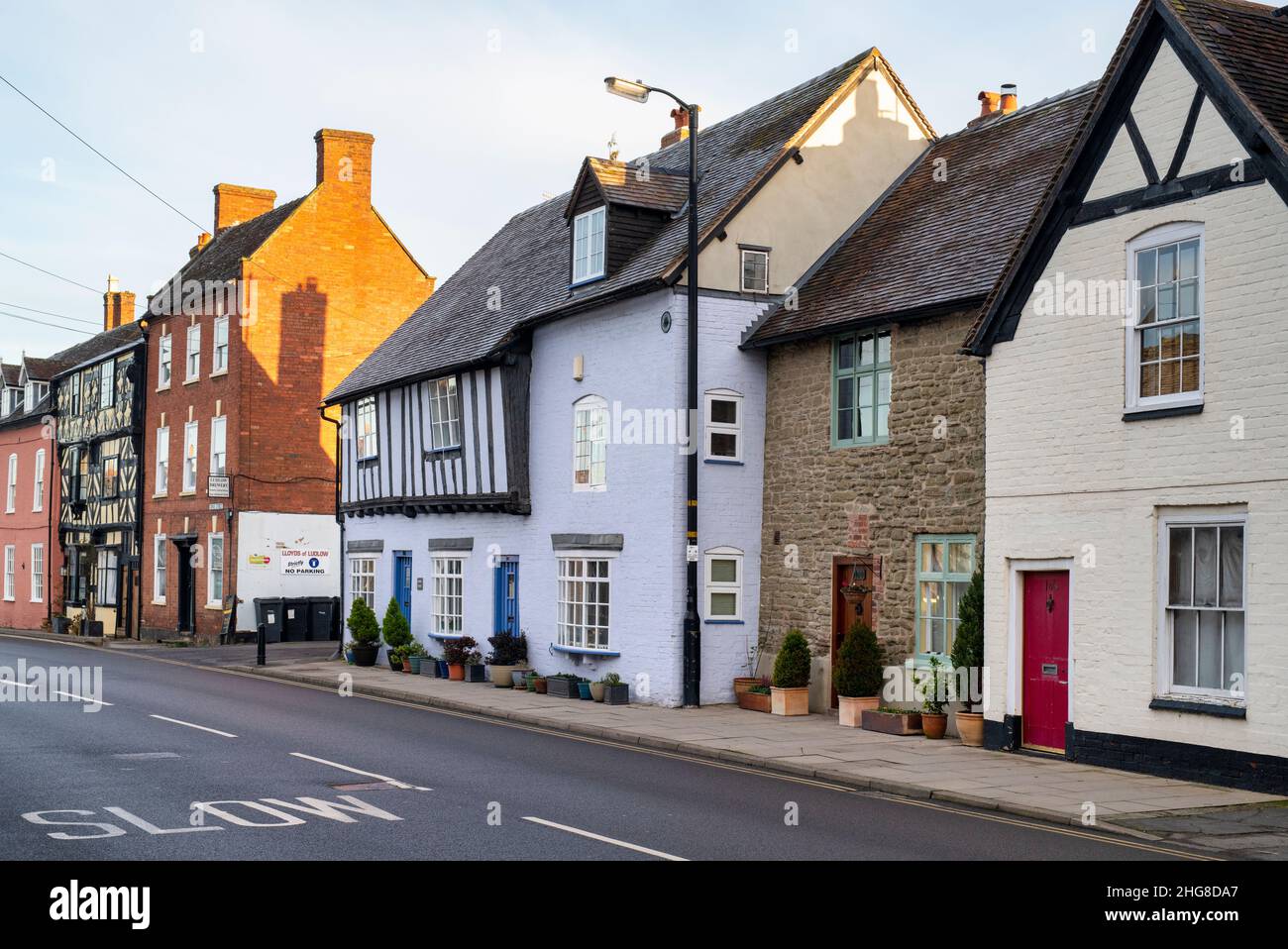 Timber framed cottages and houses along Corve Street. Ludlow, Shropshire, England Stock Photo