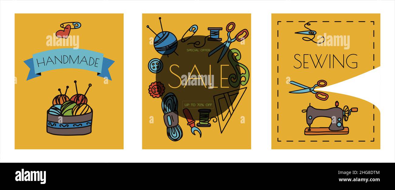 Vector doodle sewing banners. Vector tailoring tools icons. Sewing ...