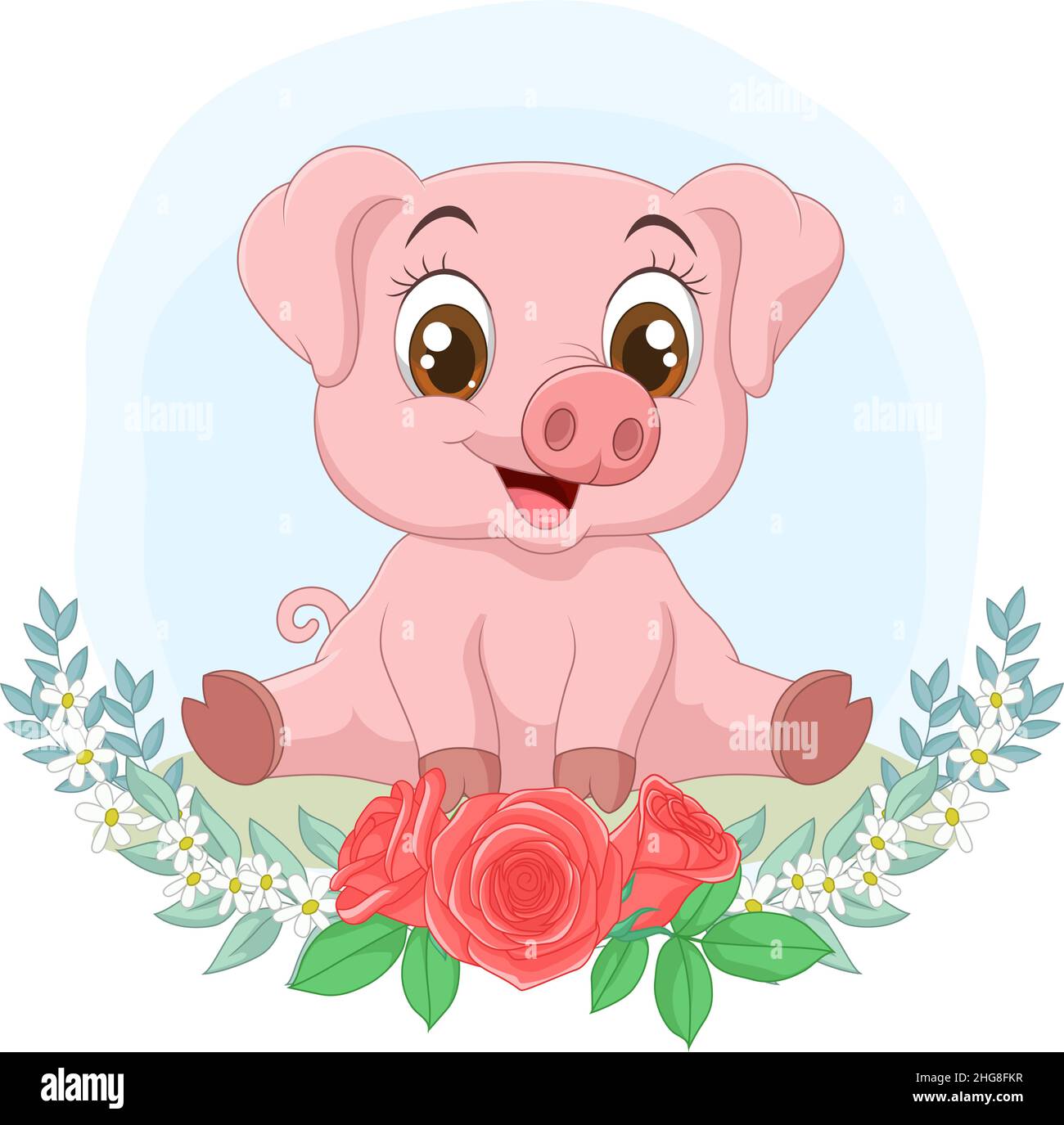 Cartoon baby pig sitting in the grass with flowers Stock Vector