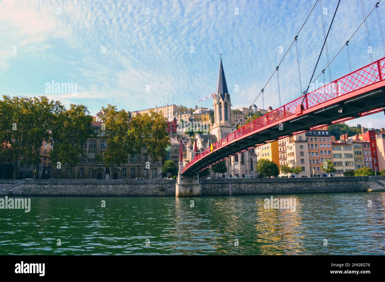 Saone river, Passerelle Saint Georges and church in Vieux Lyon, Lyon, France Stock Photo