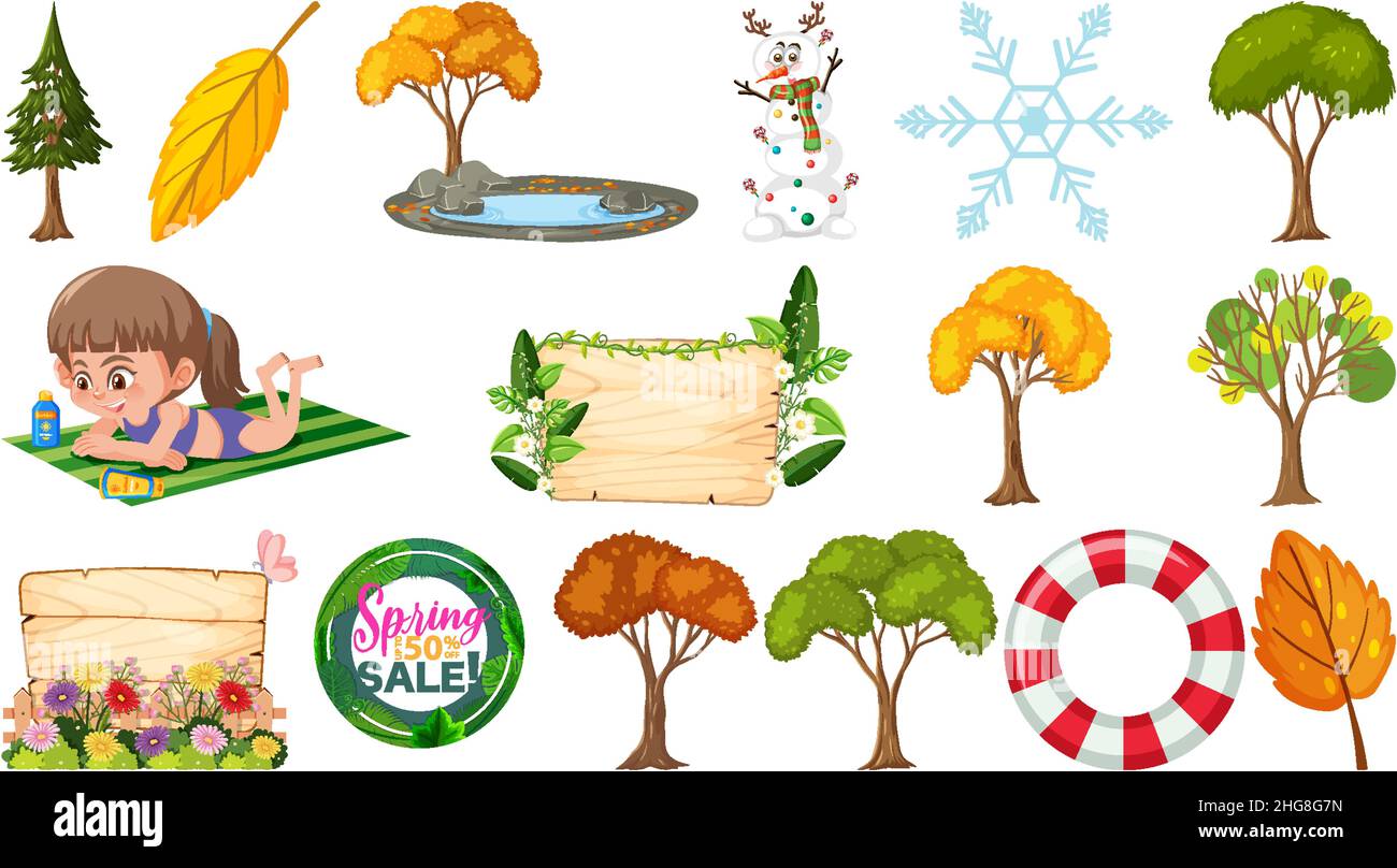Set of four seasons trees and nature objects illustration Stock Vector ...