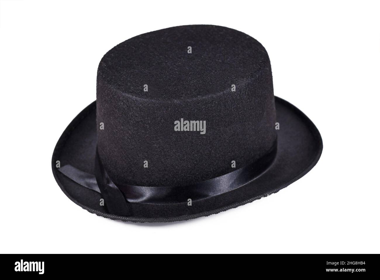 Single black felt top hat on white background Stock Photo - Alamy