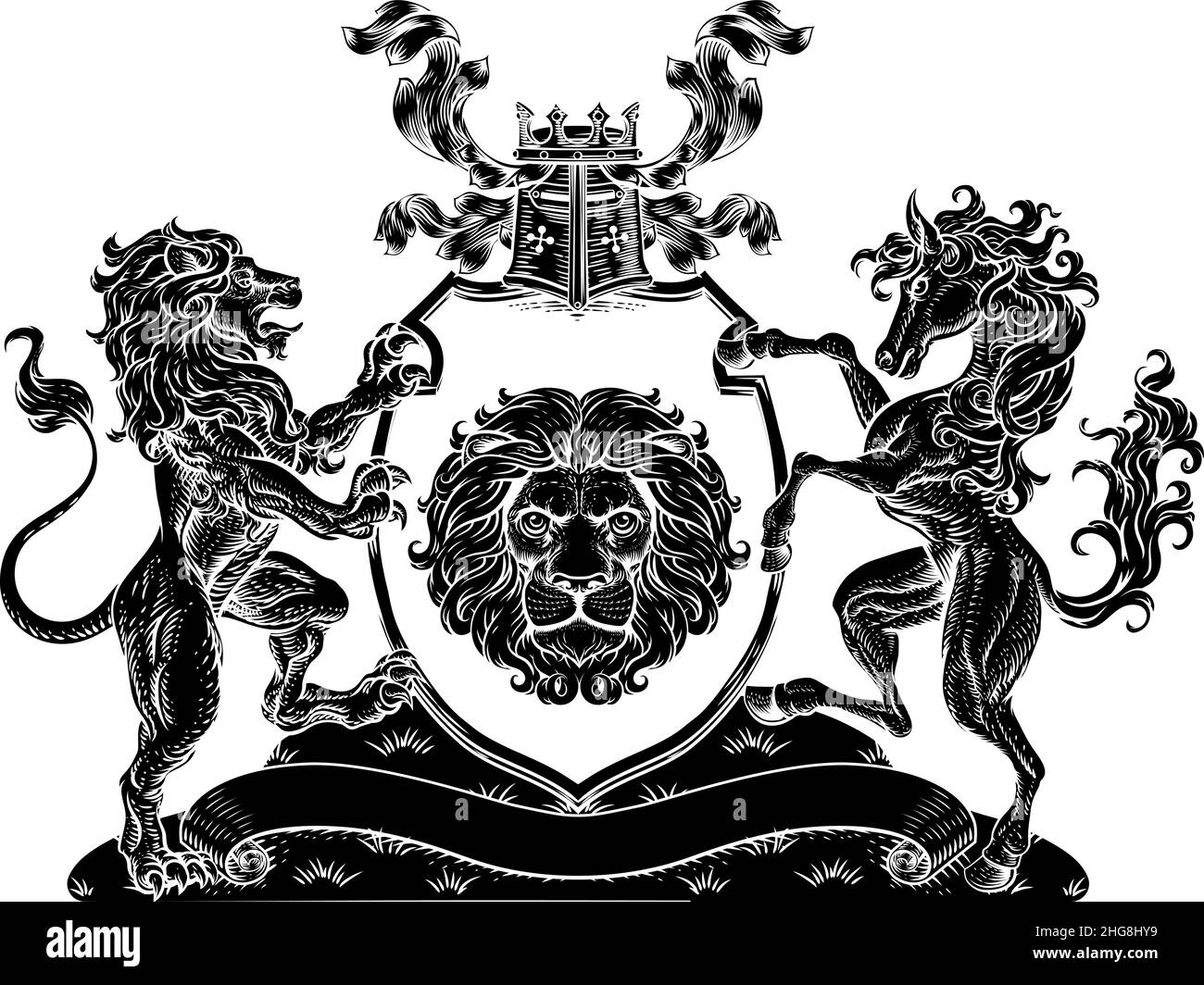 Coat of Arms Horse Lions Crest Shield Family Seal Stock Vector