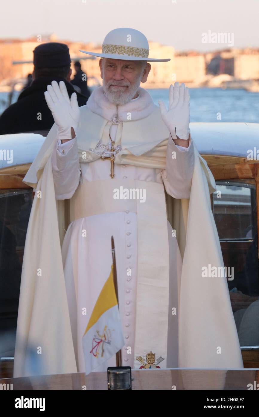 The actor John Malkovich during the shooting of the film 'The new Pope'  in Venice , Italy, January 11, 2019. (MvS). Stock Photo