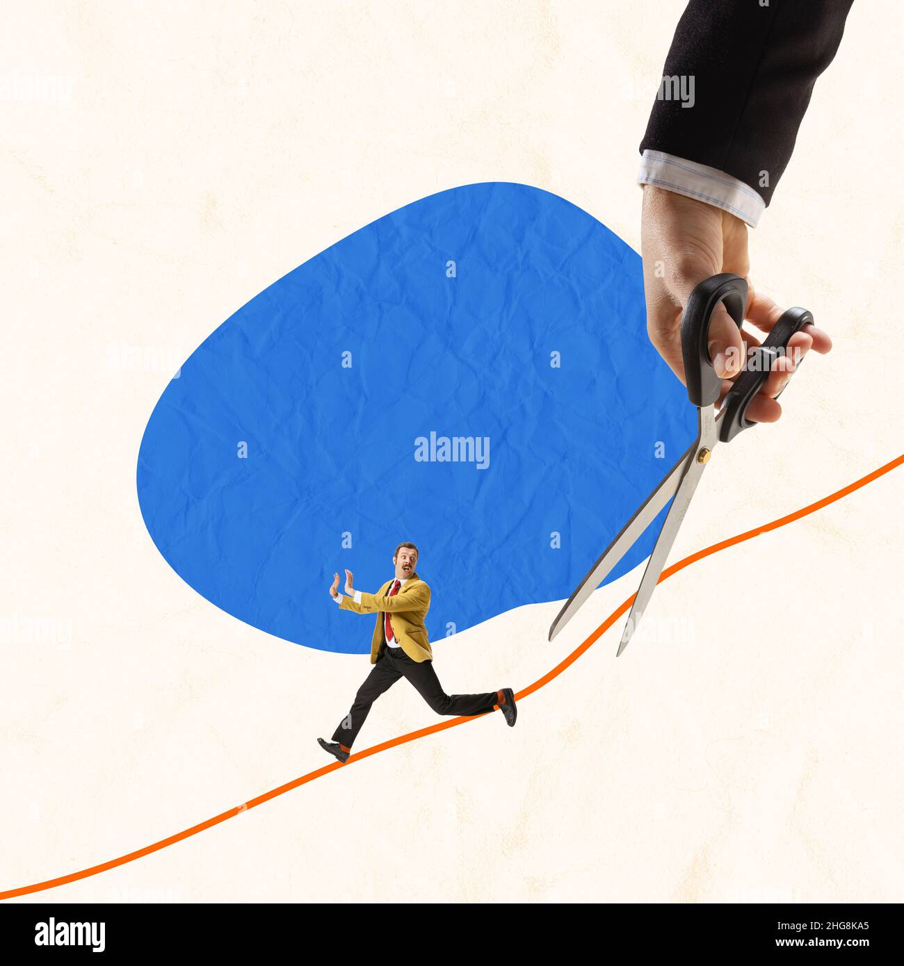 String Man Run Contemporary art collage. Office worker, man running from giant hand ...