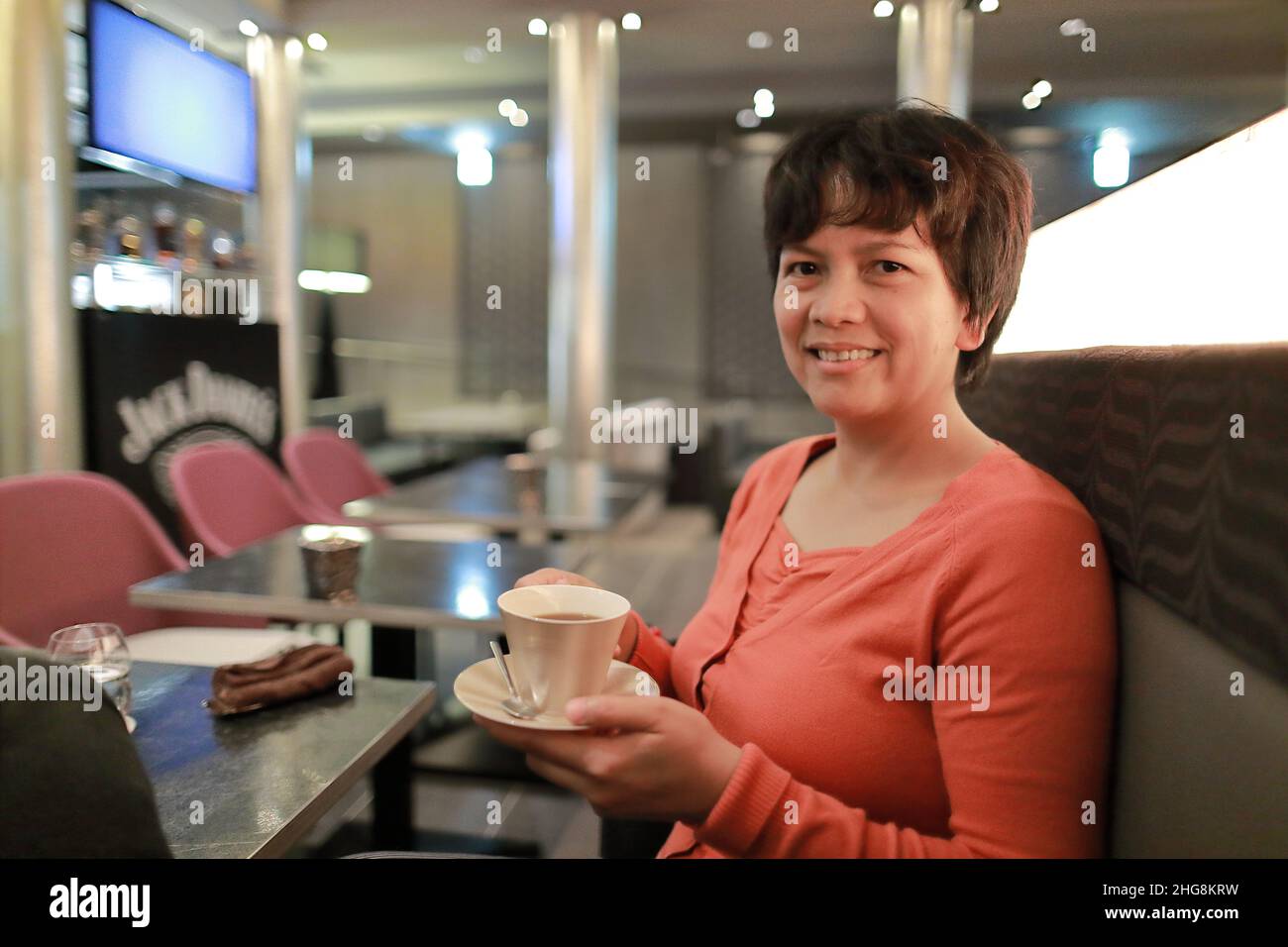 Foreigner at Ginza Tokyo Japan. Perfect Imperfect. Woman with a Cup of Coffee Stock Photo