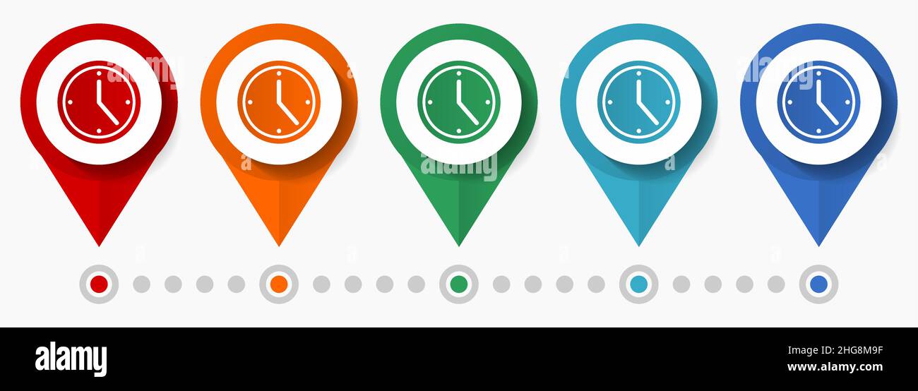 Clock, watch, time concept vector icon set, flat design pointers, infographic template Stock Vector