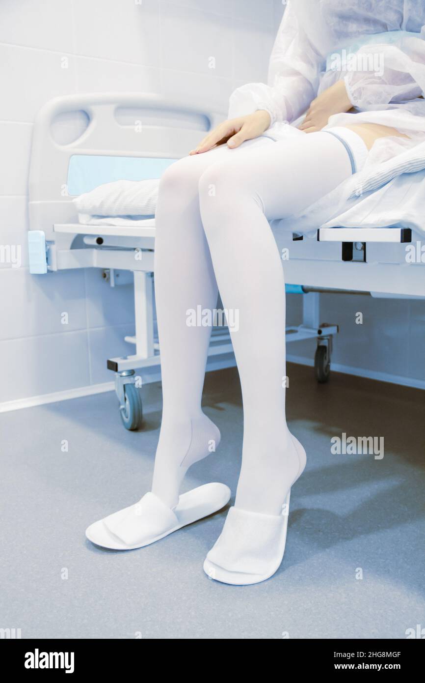 Anti-embolic surgery compression hosiery. Operating room in a hospital ...