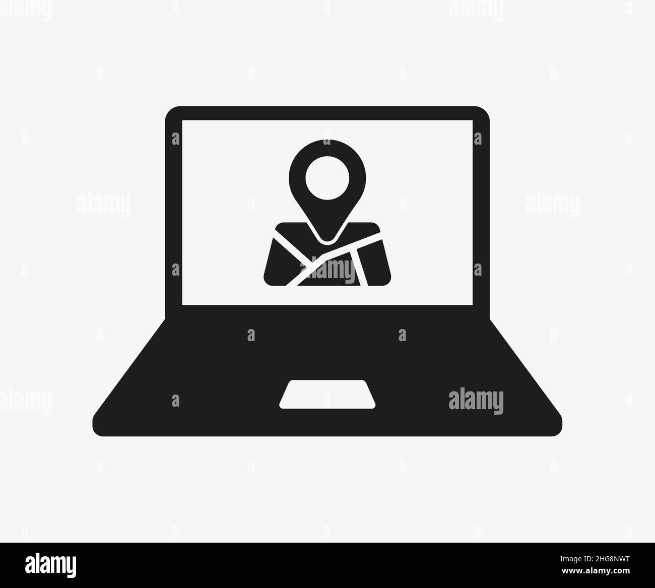 Laptop with map vector icon on white background. Stock Vector
