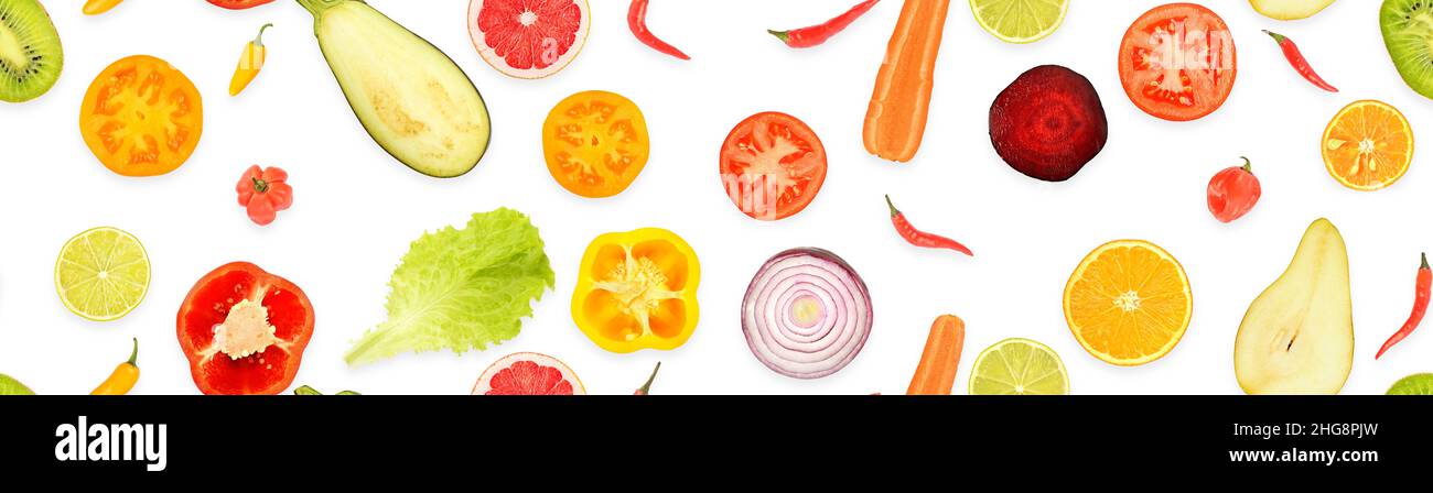 Panoramic seamless pattern of juicy vegetables and fruits useful for health isolated on white background. Stock Photo