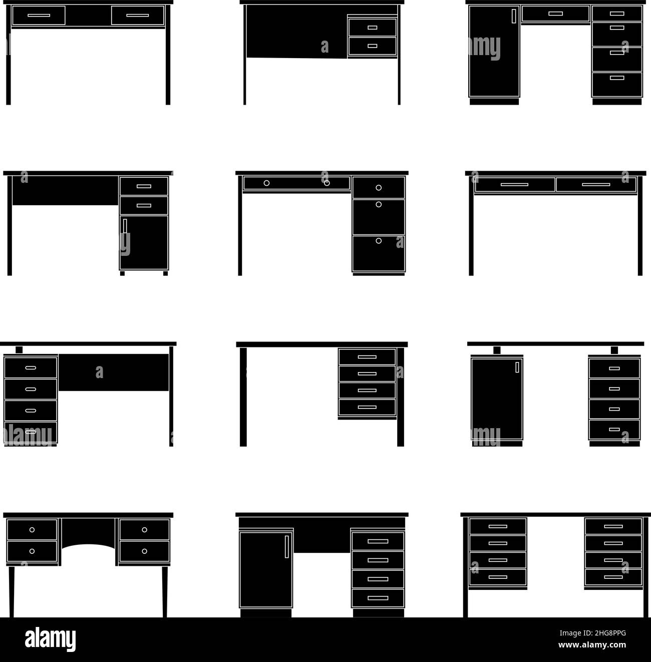Set of silhouettes of office tables, vector illustration Stock Vector
