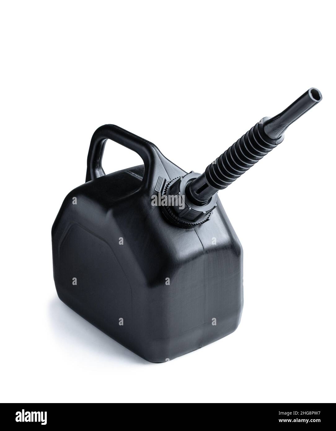 black plastic fuel can with pouring flexible spout for petrol isolated
