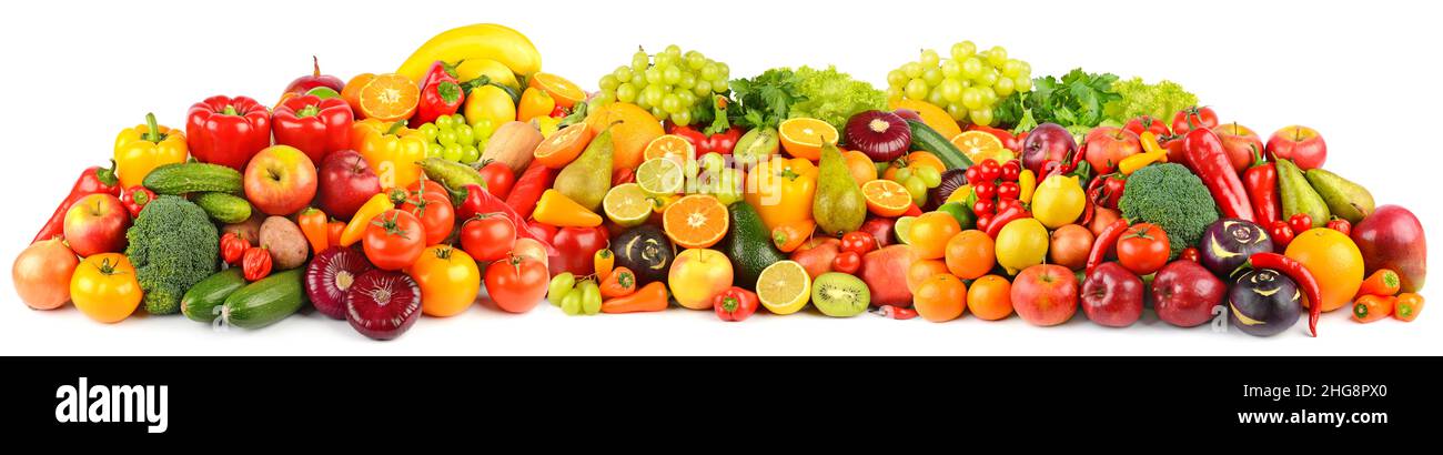 Panoramic composition of ripe, juicy fruits, berries and vegetables isolated on white background. Stock Photo