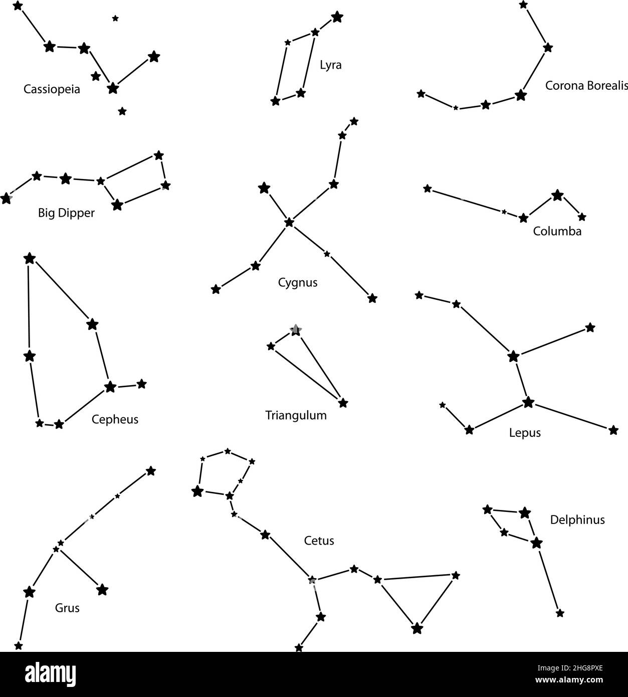 Constellations: cassiopeia, big dipper, cepheus, lyra, grus, cygnus, triangulum, cetus, corona borealis, columba, lepus, delphinus, vector illustratio Stock Vector