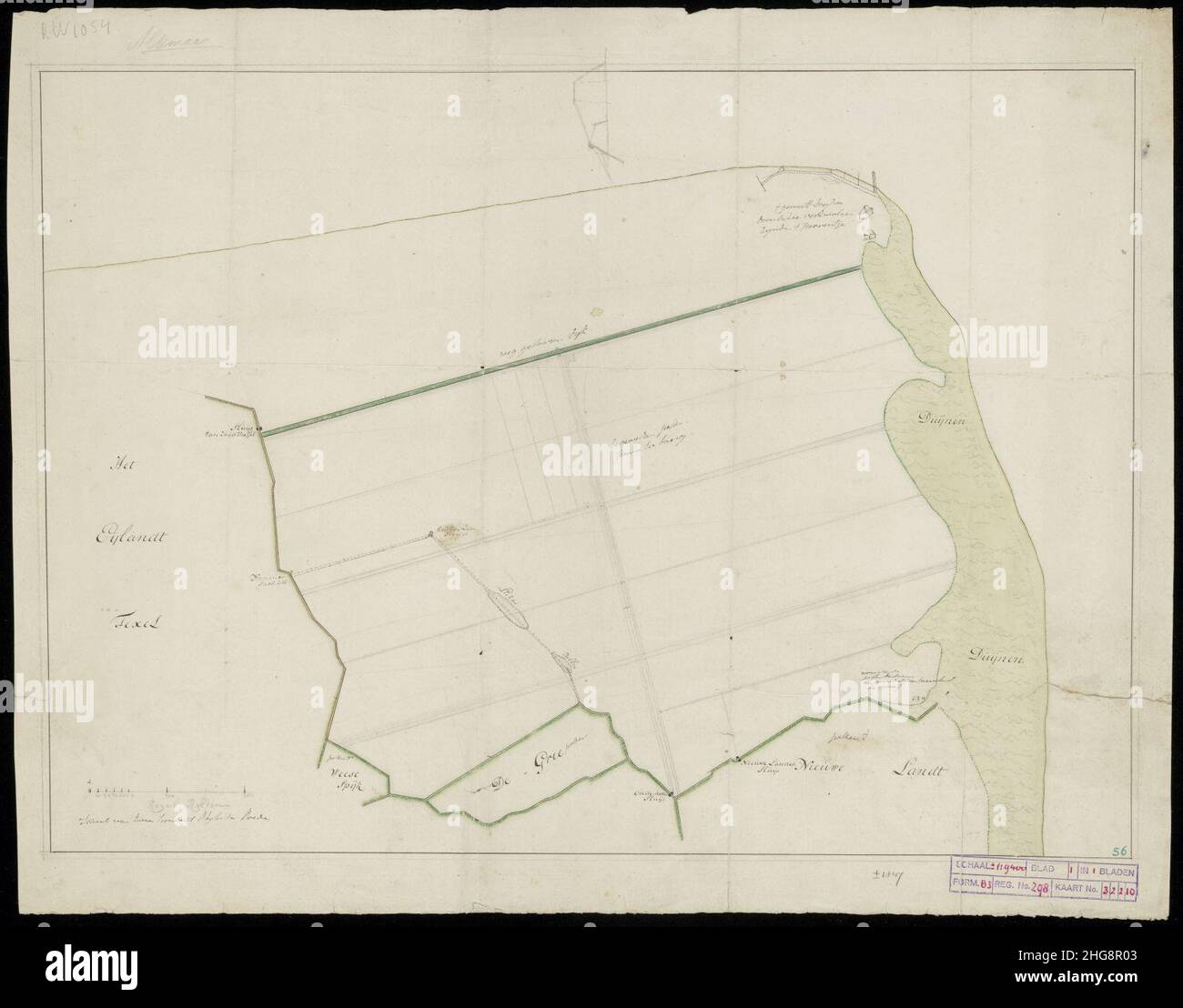 Situatie tekening van de Zuid-oosthoek, bij het Horntje op het eiland Texel Met aantekeningen van de later in 1768 ingedijkte en in 1796 ondergelopen polder Hoorn en Burg en weer in 1846 ing, Stock Photo