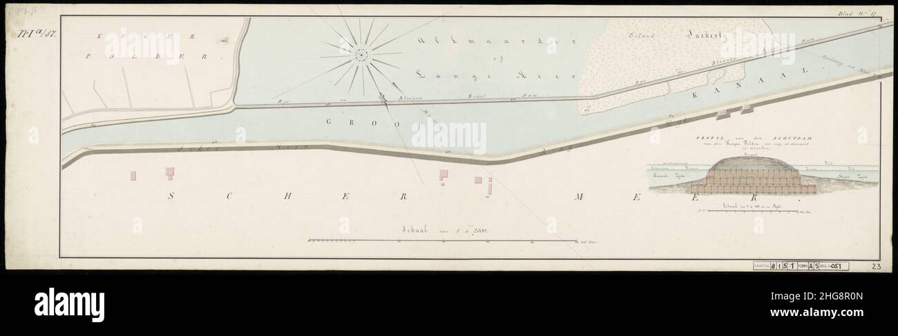 Situatie tekening van het Kanaal gelegen in de Kogerpolder,Alkmaarder- of Langmeer en de Schermeer even voor de Alkmaardermeer even voorbij het eiland Saskerly. Blad 17. Zuid-Zuid-West boven, Stock Photo