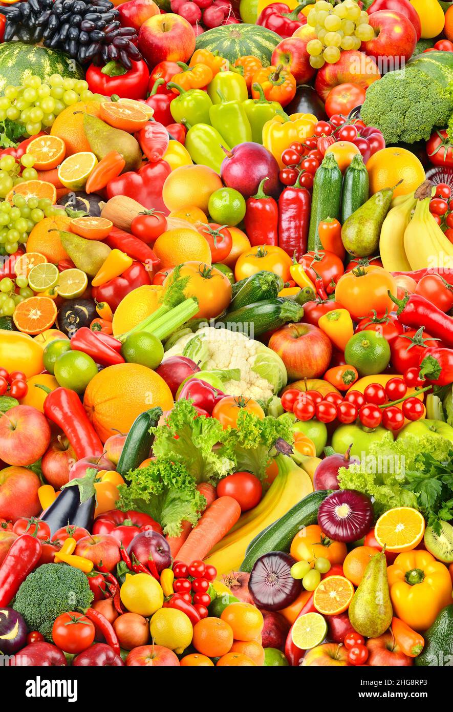 Large fruit pattern of fresh and healthy colorful vegetables and fruits