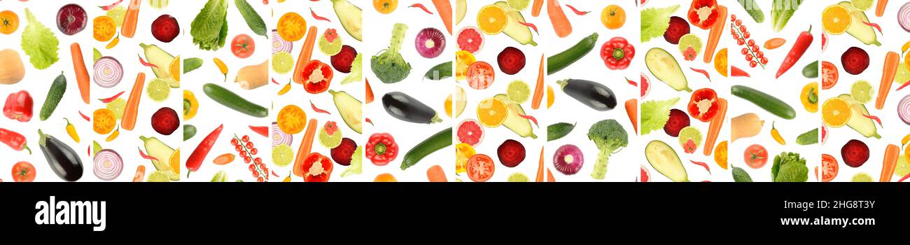 Panoramic skinali from whole and cut vegetables and fruits isolated on white background. Stock Photo
