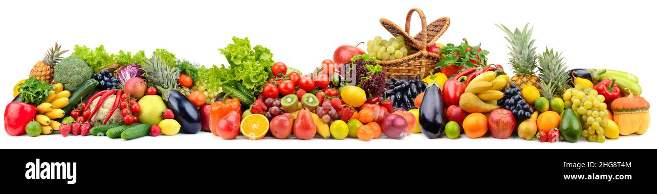 Big collection bright and fresh vegetables and fruits isolated on white background. Stock Photo