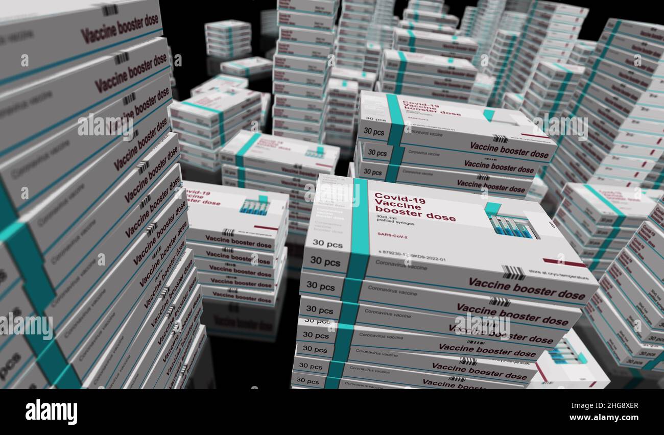 Covid-19 vaccine booster dose pack production line. Coronavirus sars-cov-2 vaccination shots packing. A box for syringes with doses. Abstract concept Stock Photo