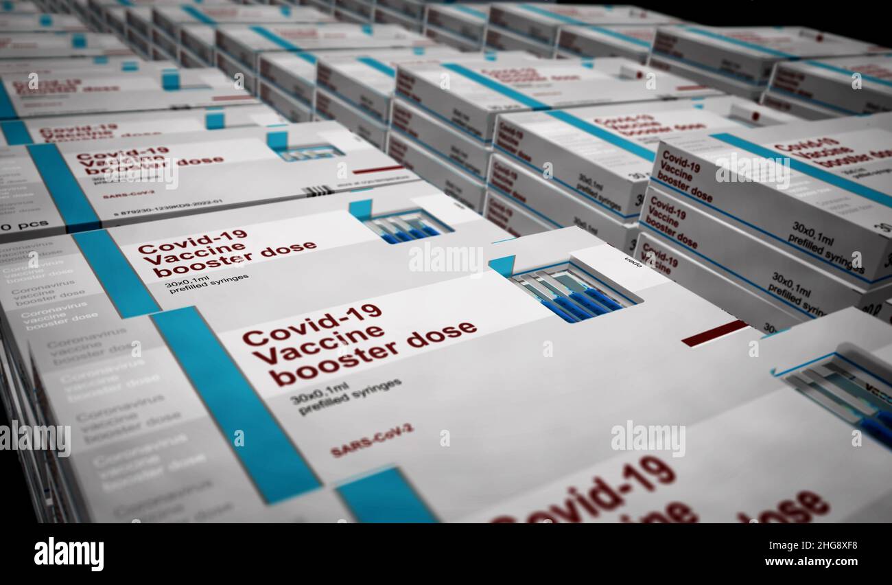 Covid-19 vaccine booster dose pack production line. Coronavirus sars-cov-2 vaccination shots packing. A box for syringes with doses. Abstract concept Stock Photo