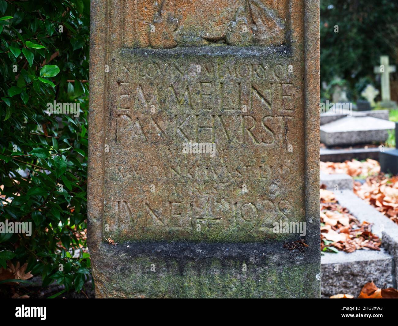 Grave of suffragette Emmeline Pankhurst in Brompton Cemetery Borough of Kensington and Chelsea London England Stock Photo