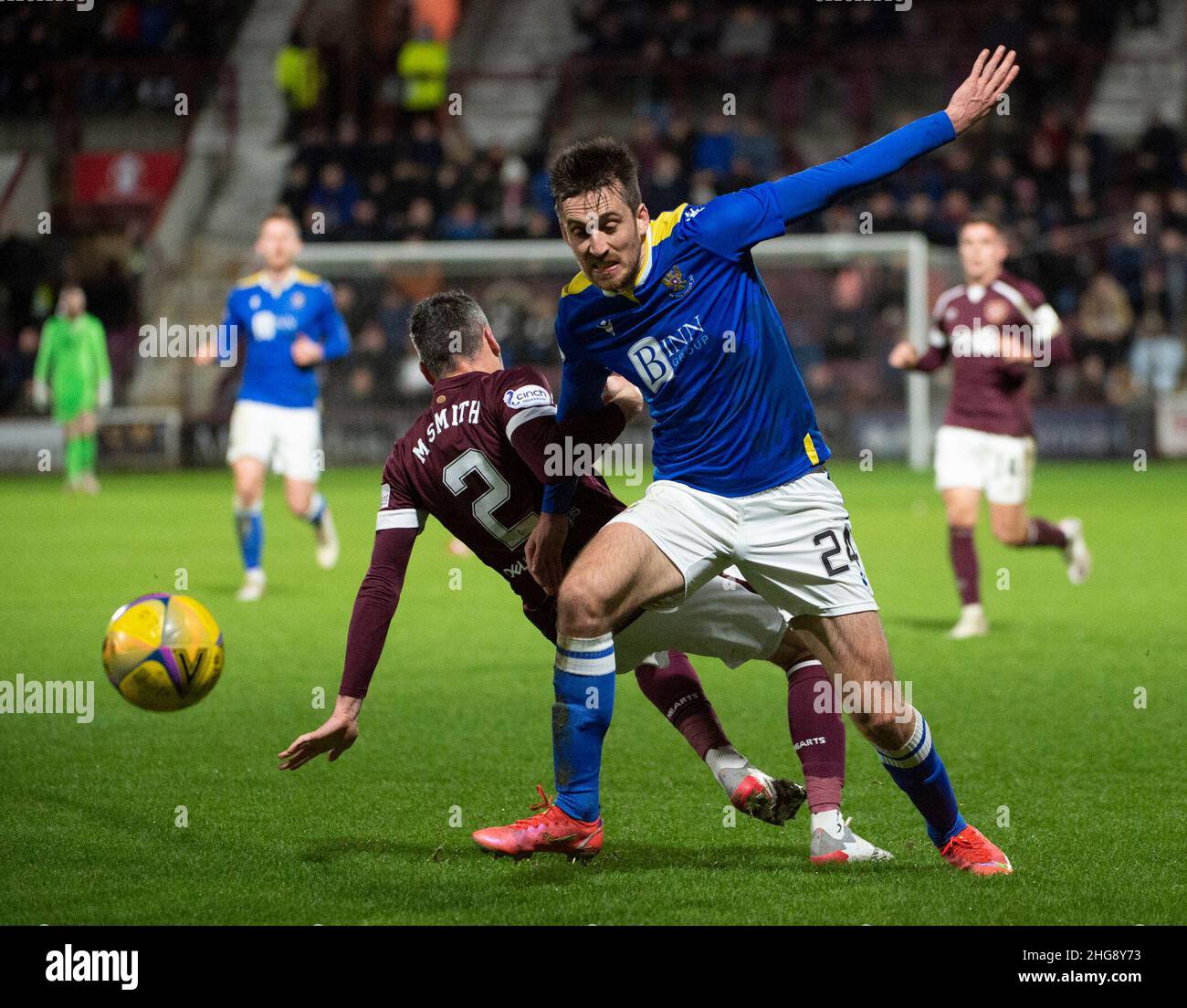 Edinburgh, UK. 18th Jan, 2022. cinch Premiership - Heart of Midlothian v St Johnstone 18/01/2022 Pic shows: St Johnstone defender, Callum Booth, gets past Hearts' Right-Back, Michael Smith, as Hearts play host to St Johnstone in the cinch Premiership at Tynecastle Park, Edinburgh. Credit: Ian Jacobs/17�Թ����� Live News Stock Photo