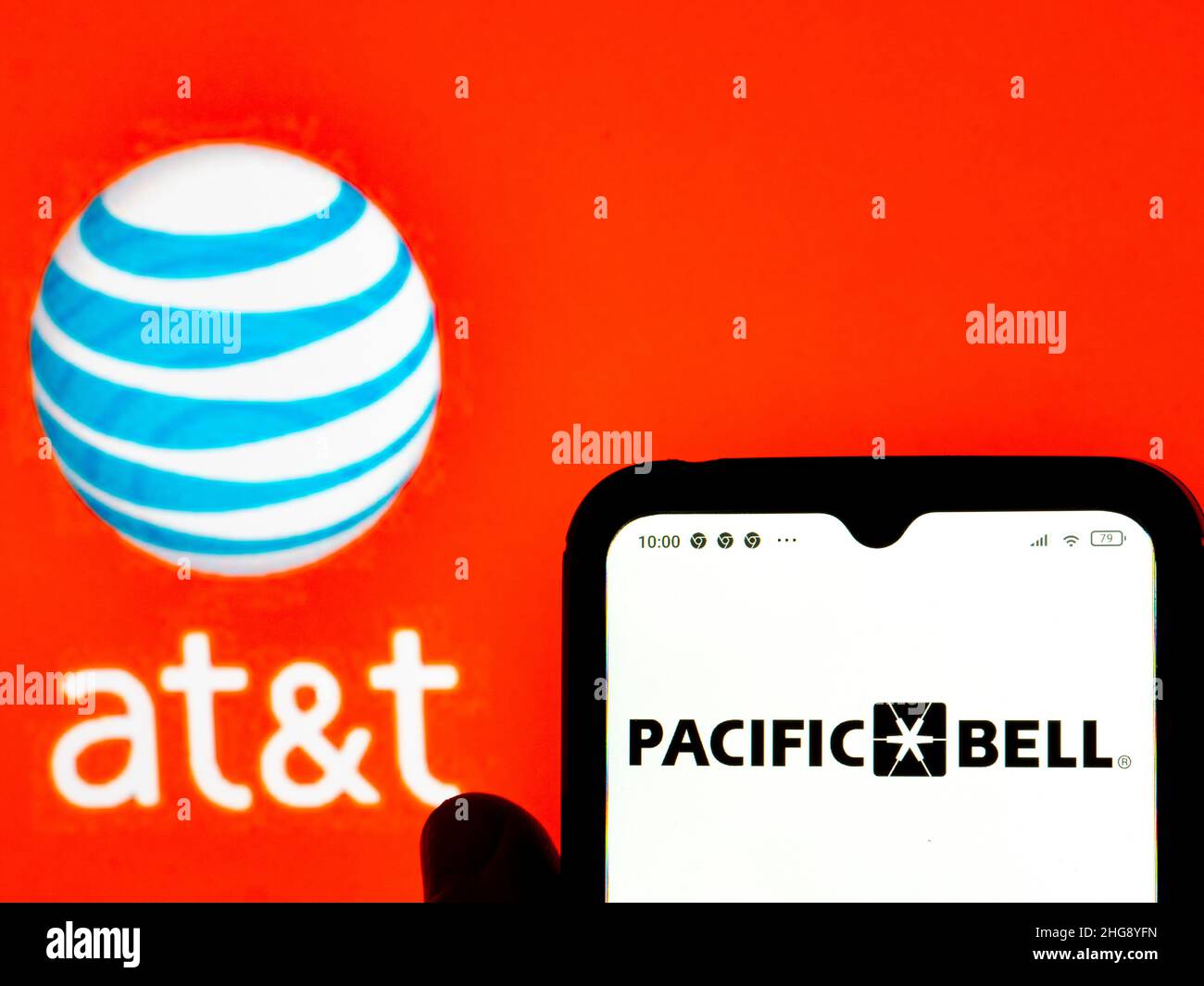 In this photo illustration, the Pacific Bell logo is seen displayed on