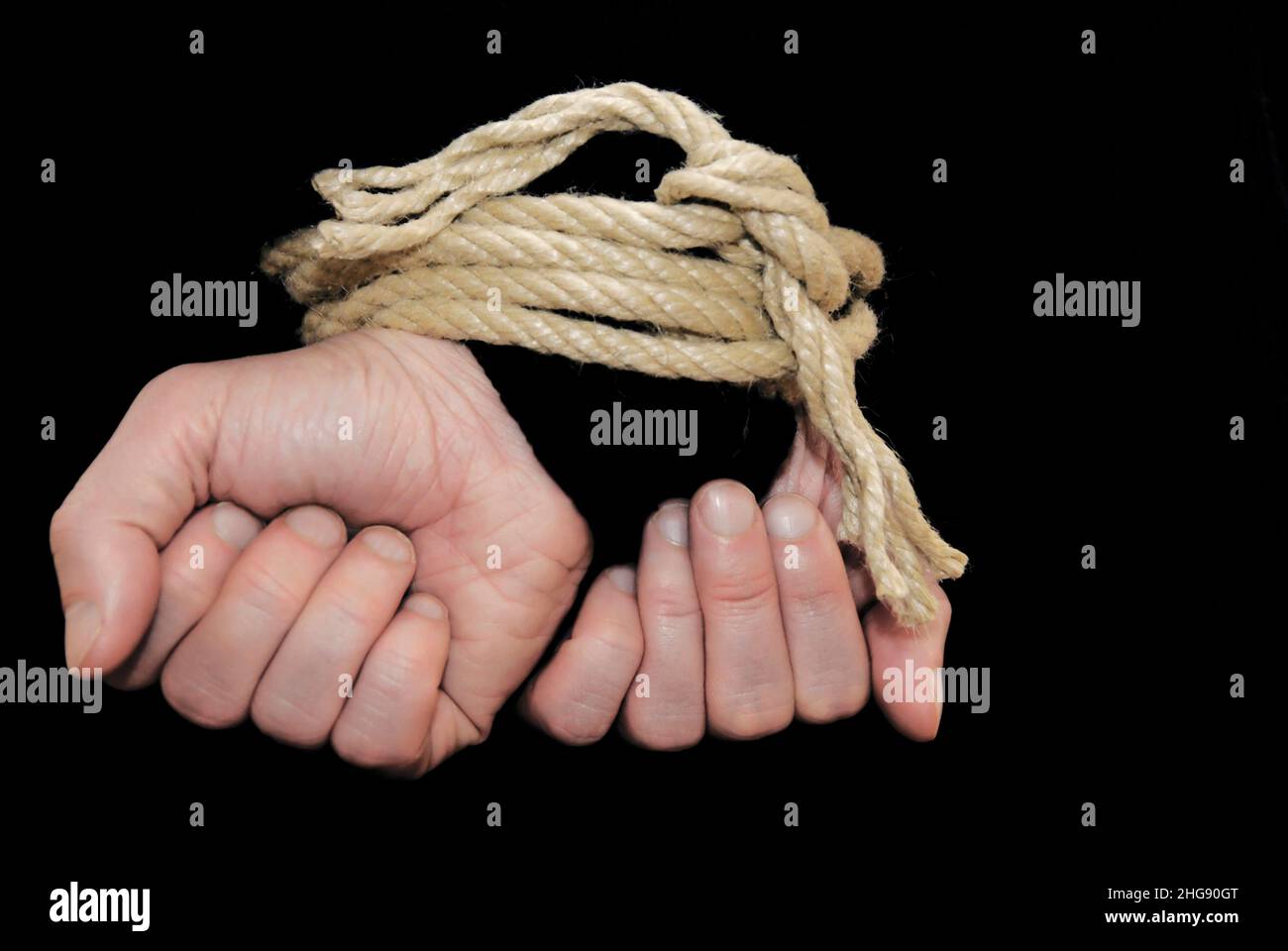 Hand Mannequin Tied Rope Grey Background Concept Hostage Stock Photo by  ©serezniy 508529886