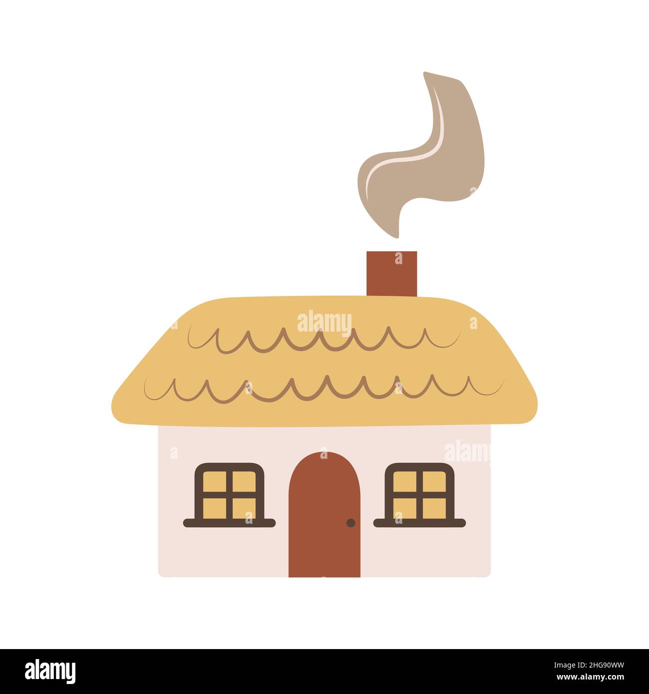Cute cartoon village hut. Little doodle house. Rural life item. Thatched roof, smoke chimney. Beautiful farmer icon. Simple flat illustration Stock Vector