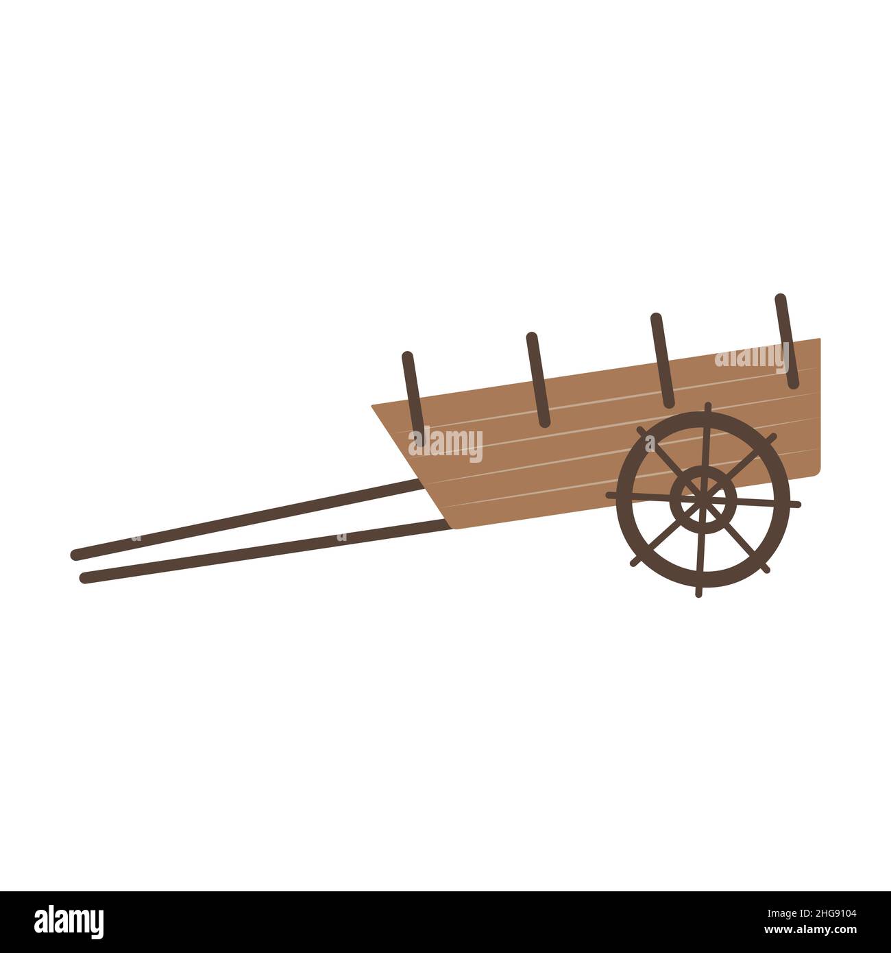 A simple two-wheeled cart for harnessing horses and cattle. Traditional rural transport. Farm and ranch item. Means for agriculture and farming. Stock Vector