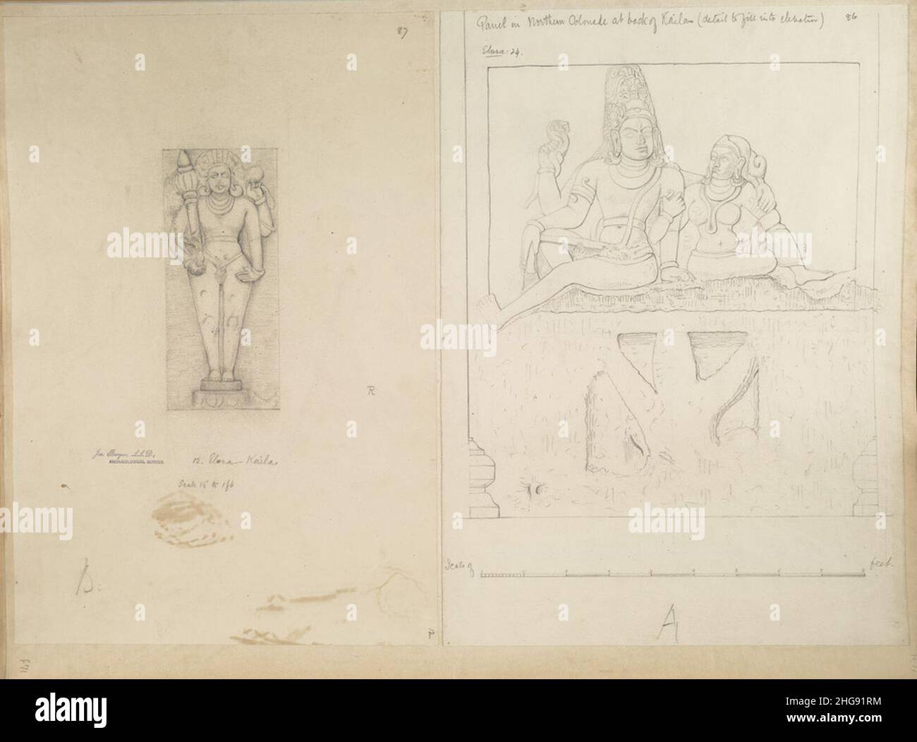Sketch of sculptures and panel artworks at Kailash, Ellora Hindu cave ...