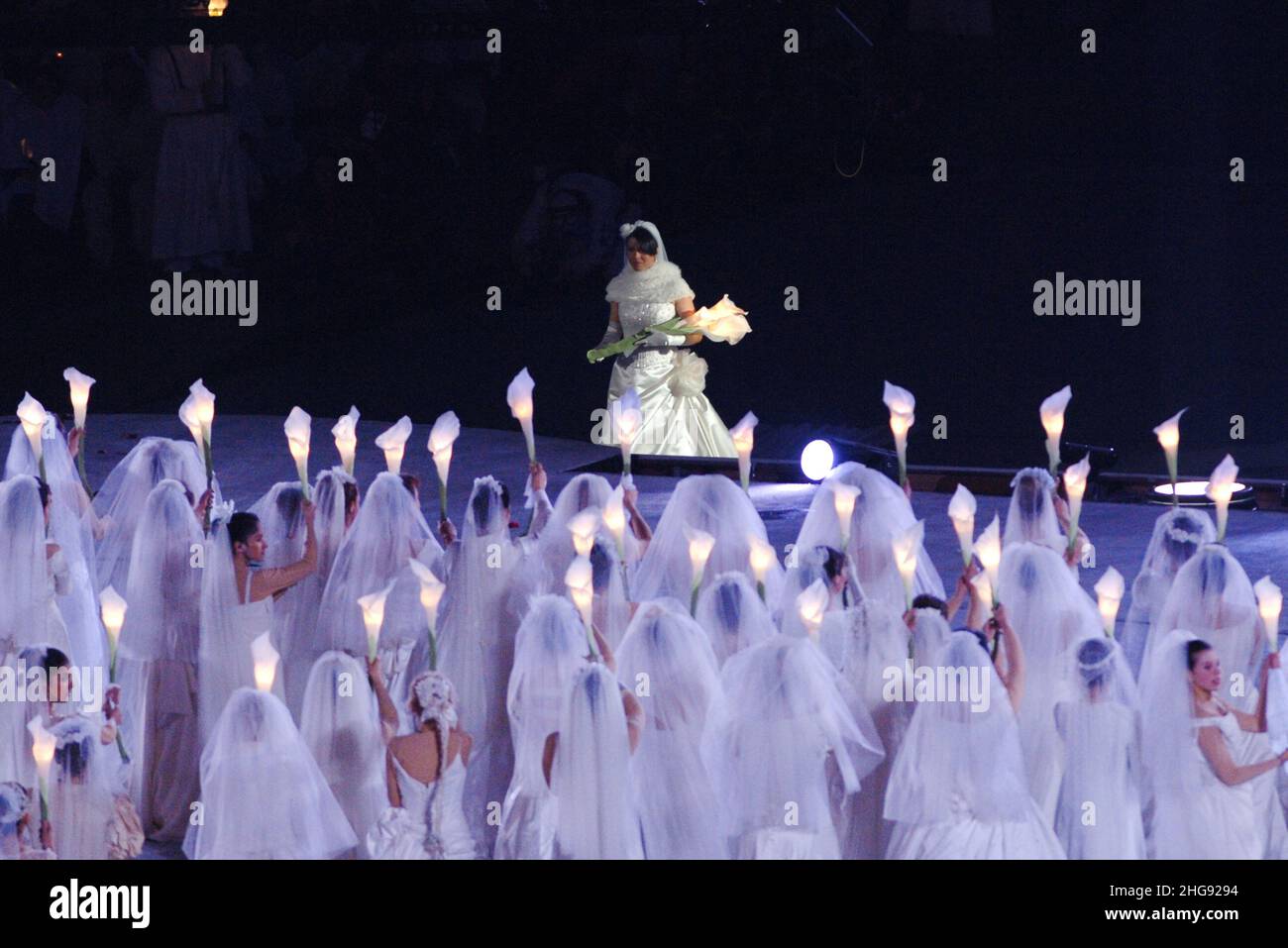 Turin Italy 26-02-2006:Turin 2006 Olympic Winter Games, closing ceremony of the Olympic Games,Isolde Kostner, dressed as a bride, entered the scene along with 400 other brides Stock Photo